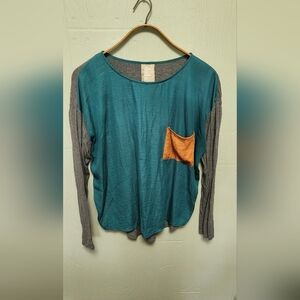 Teal and Gray Women's Top with Orange Pocket